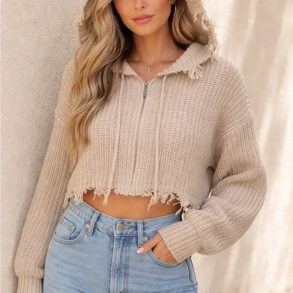 Main Strip Tan Hooded Cardigan Sweater - Picture 1 of 6